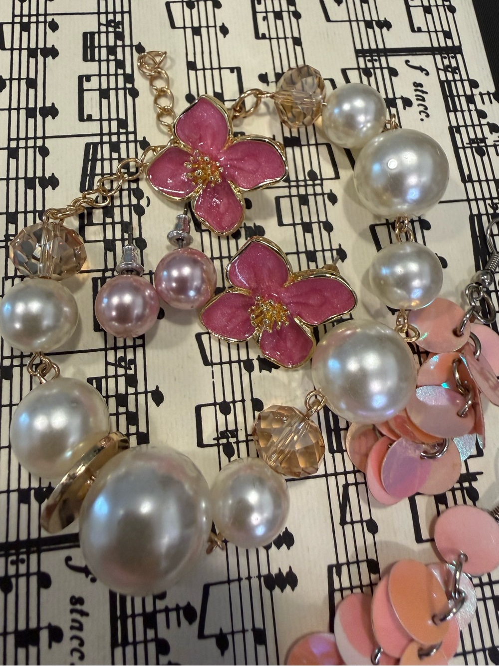 Preppy pink gold faux pearl jewelry bracelet & earrings set